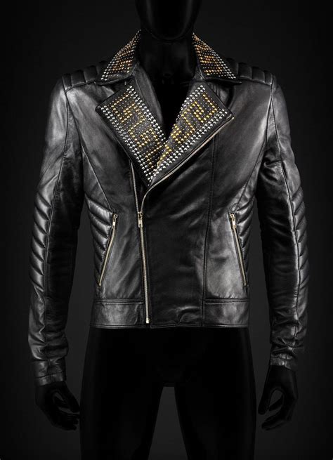 versace leather biker studded jacket male|versace leather jacket men's.